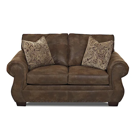 Traditional Loveseat with Rolled Arms and Nailhead Trim